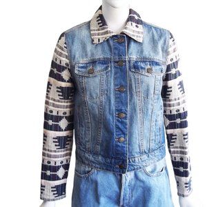 BDG Boho Desert Tapestry Sleeves Collar Ombre Fade Denim Trucker Jacket XS/S